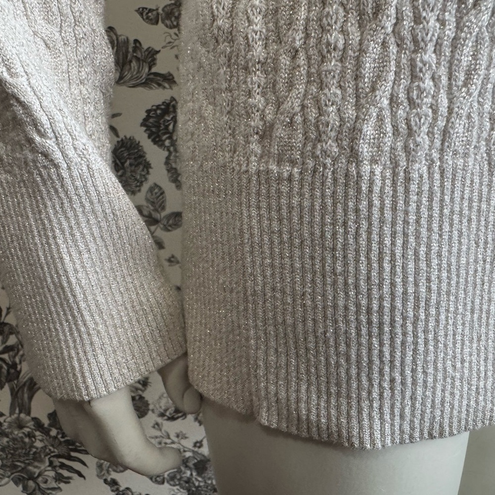Eddie Bauer Ivory Cable Knit Cardigan Metallic Gold Thread Accents Size Medium - Picture 7 of 14